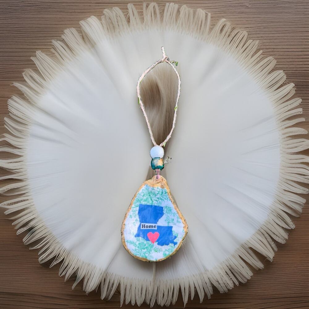 Decoupaged Oyster Shell Ornament -Home ❤️ Louisiana Green Toile Background